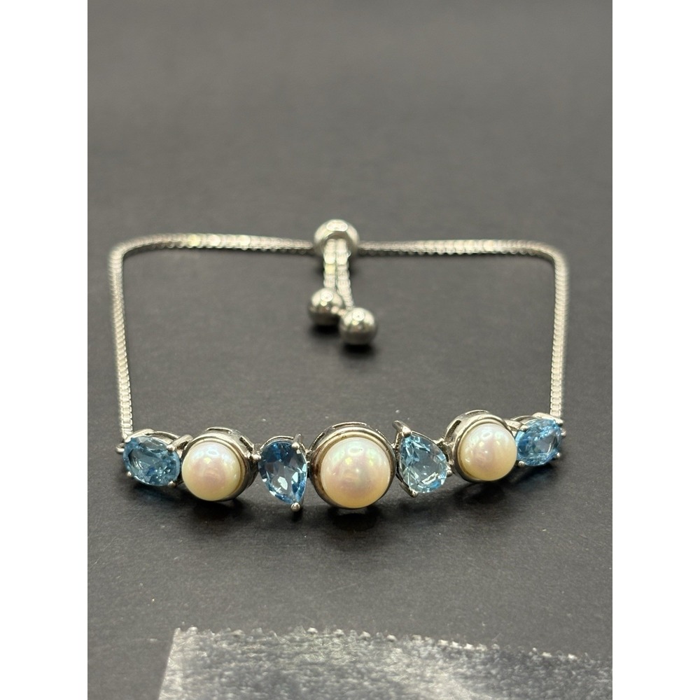 EUC 7" Sterling Silver Topaz Pearl Adjustable Length Bracelet 7.7 Grams H5